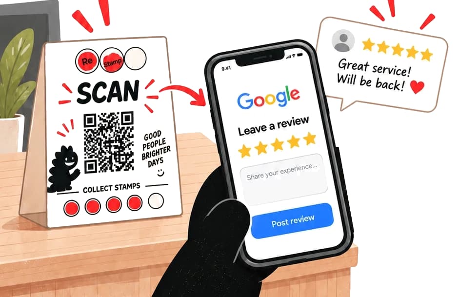Pelanggan memberi review bintang lima di Google setelah mengumpulkan stamp
